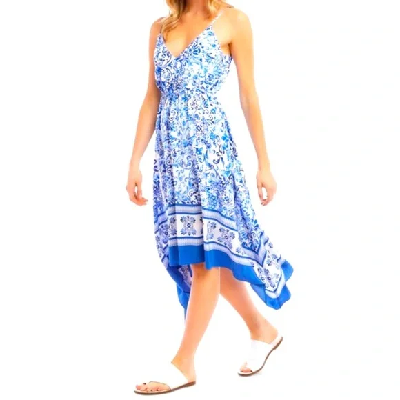 Karen Kane Santorini Blue and White Asymmetrical Sundress. Size Medium. - Picture 3 of 6